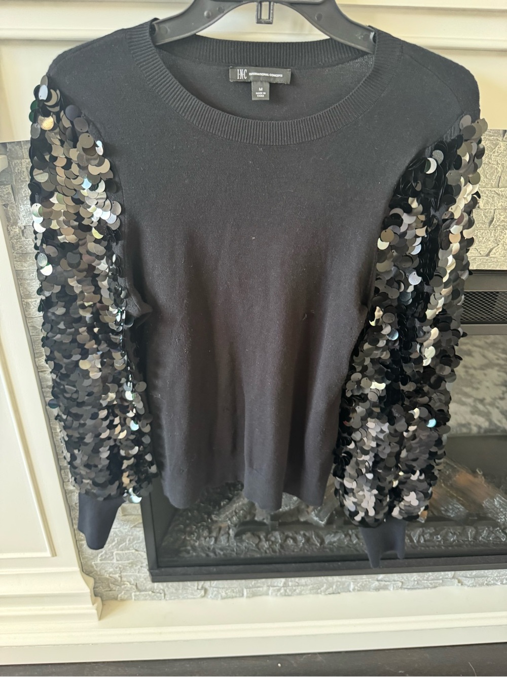 INC International Concepts Black Sequin Sleeve Crewneck Top